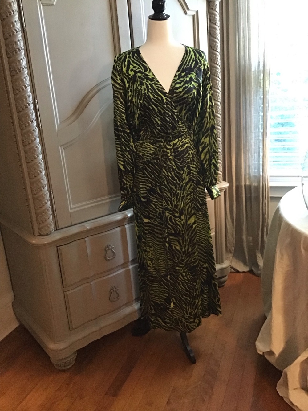 Ganni Lime Green and Black Zebra-Print Maxi Wrap Dress